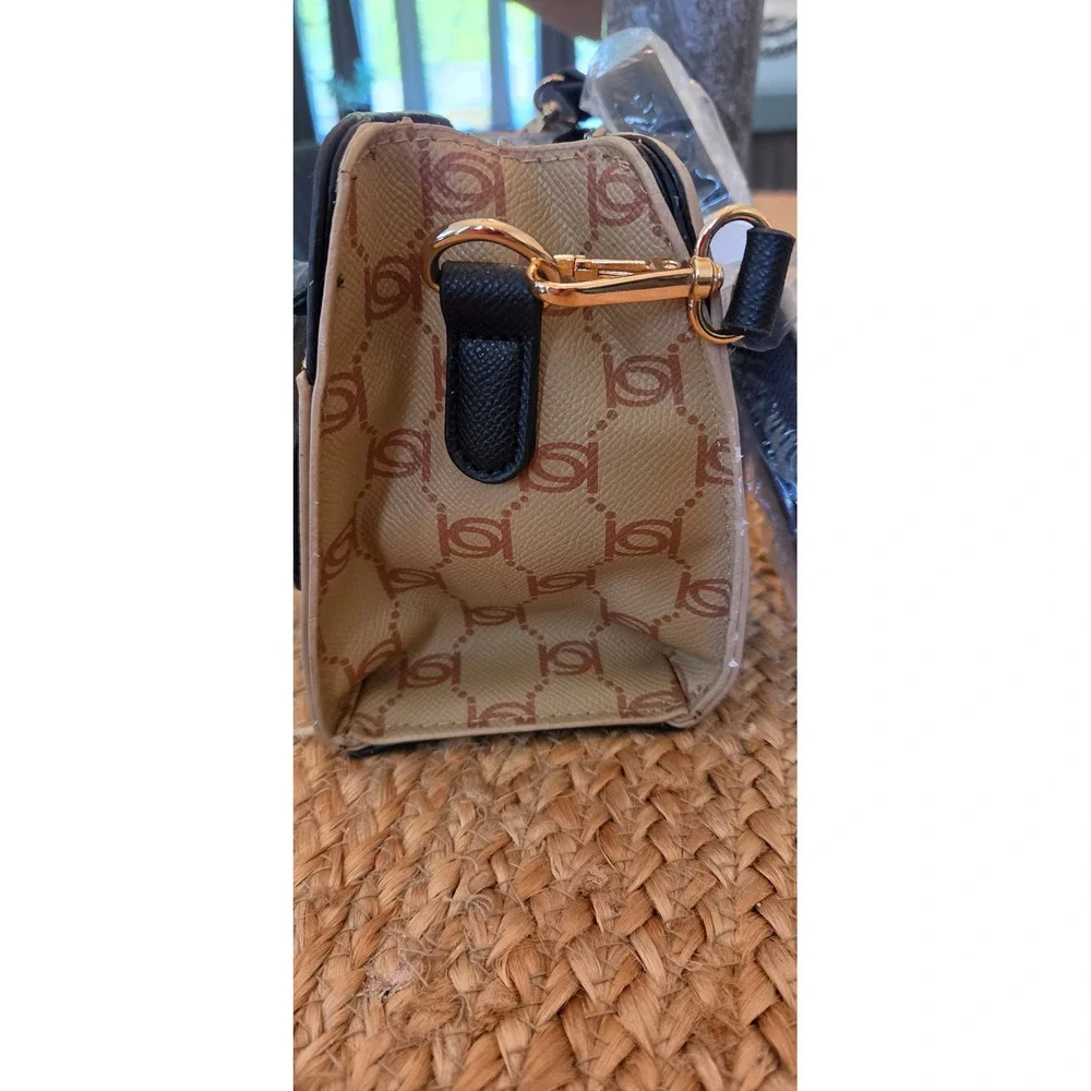 bebe Leilani Monogram Handle Crossbody Wns OS Almond/Black NEW Logo Satchel Bag